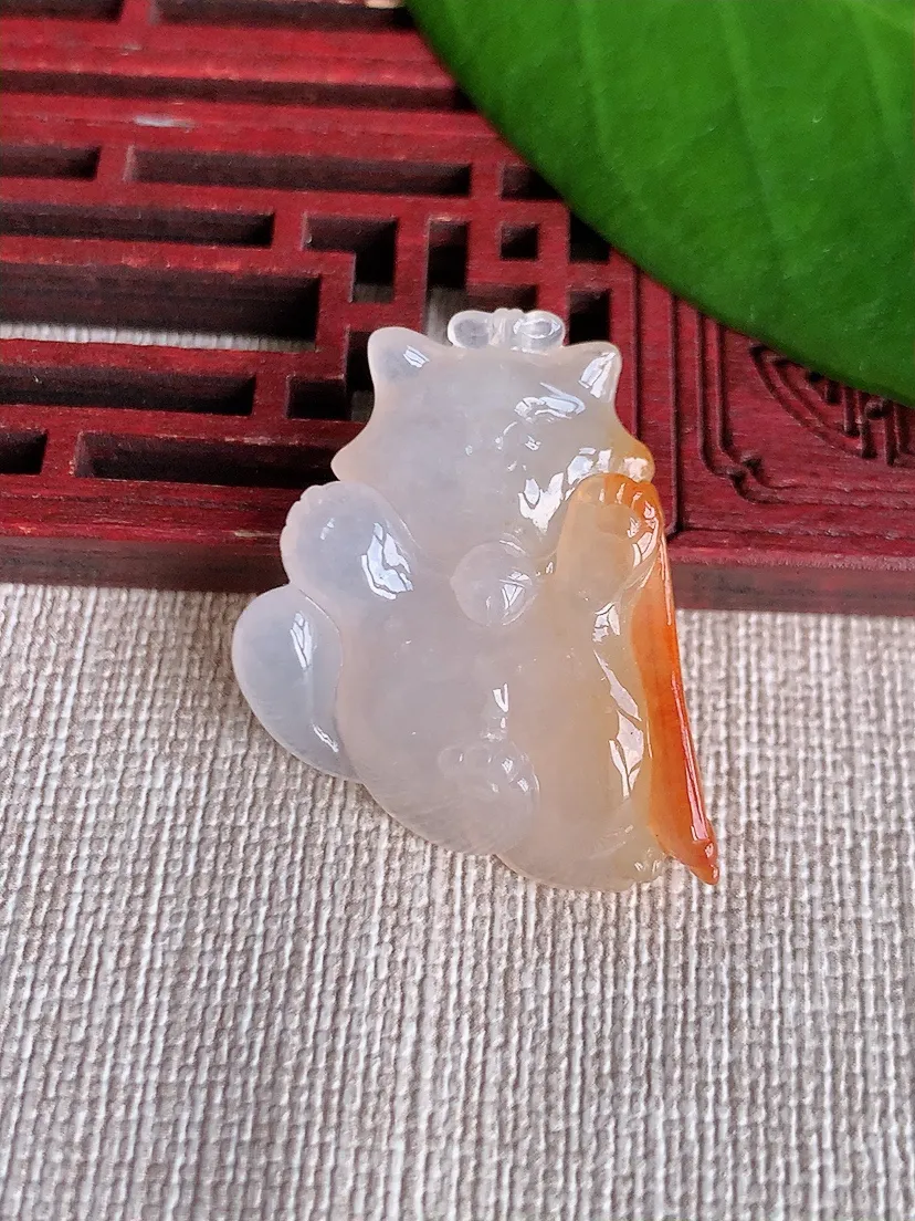 天然A货翡翠飘黄翡招财猫吊坠尺寸31.2×24.6×7.5m量9.43g 0719