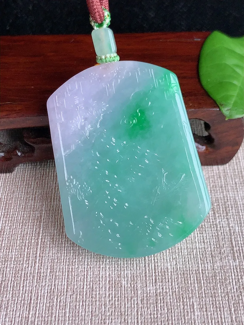 天然A货翡翠春彩紫罗兰飘绿意境山水牌吊坠 尺寸54×40×5.6m量42.75g 0720