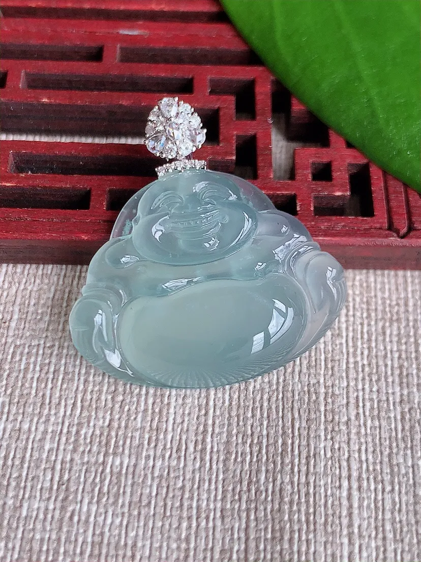 天然A货翡翠18K金伴晴水一刀切佛公吊坠尺寸31.7×24.3×30.3×5.7m量8.38g 0719