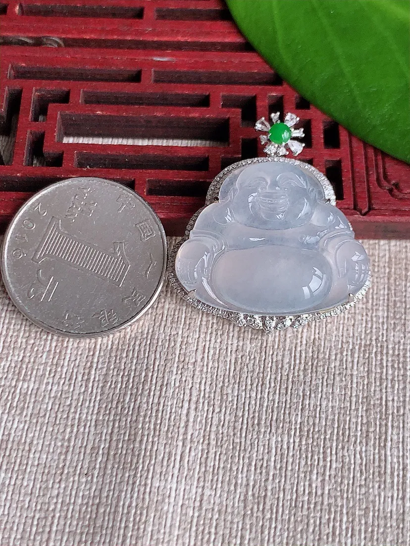 天然A货翡翠18K金伴白月光佛公吊坠尺寸34×29.7×8裸石22×27.7m量7.72g 0720