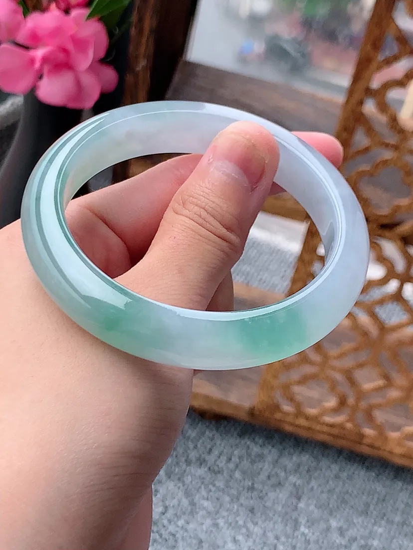 天然A货翡翠晴绿正装正圈手镯57-58圈口尺寸57×12×8.8m量59.54g 0722