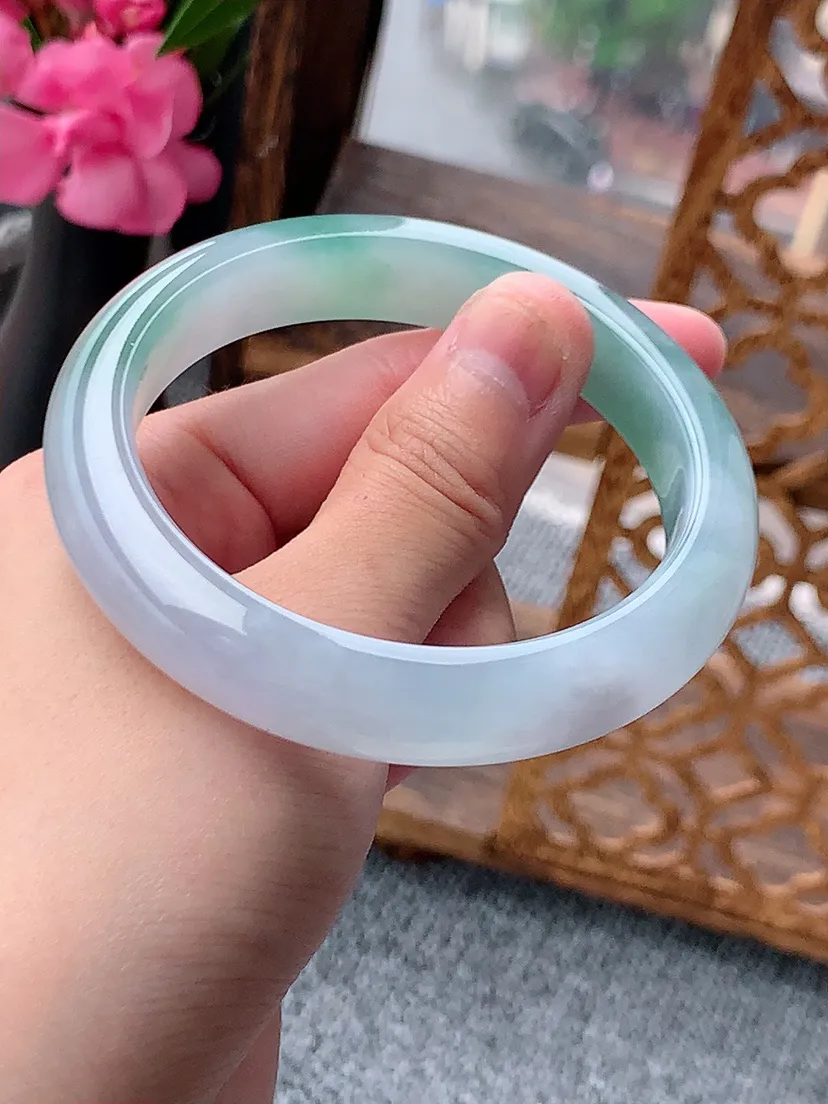 天然A货翡翠晴绿正装正圈手镯57-58圈口尺寸57×12×8.8m量59.54g 0722