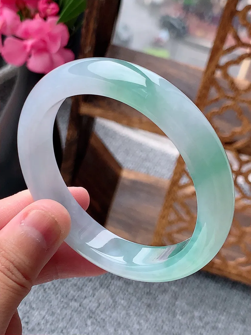 天然A货翡翠晴绿正装正圈手镯57-58圈口尺寸57×12×8.8m量59.54g 0722
