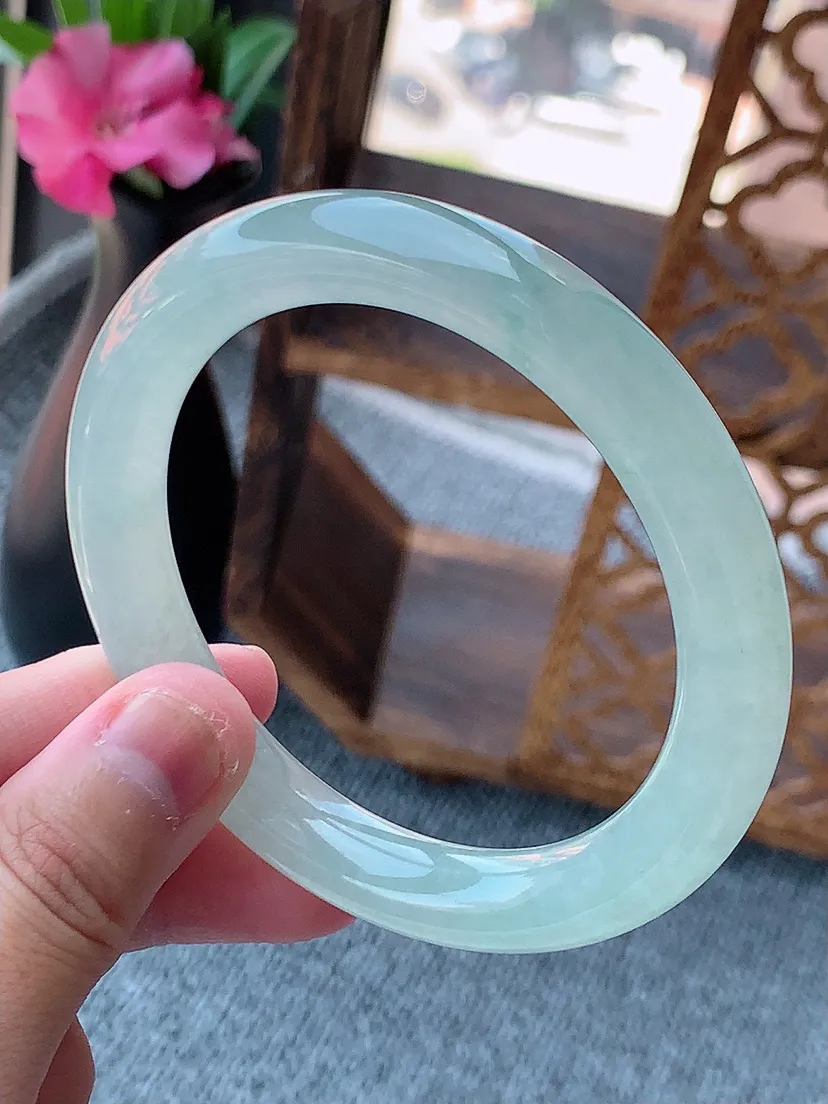 天然A货翡翠晴水圆条手镯58-59圈口尺寸58×9.8mm 重量55.83g 0724