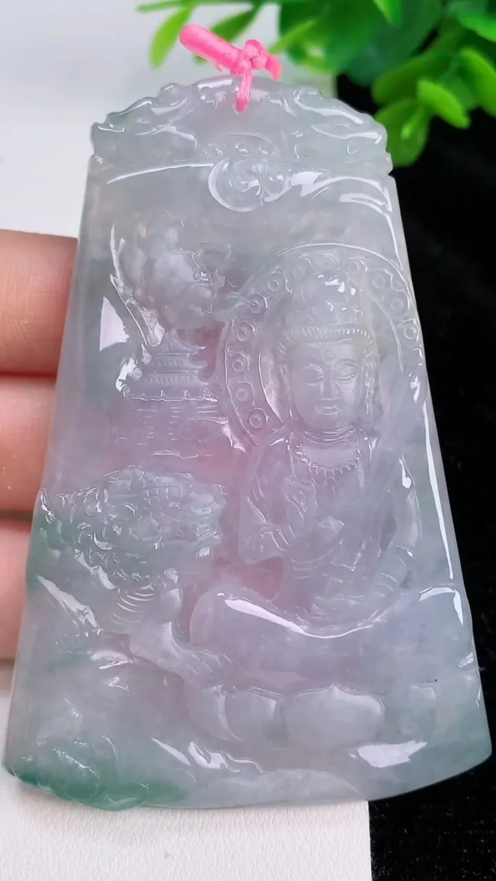 天然A货翡翠春带彩紫罗兰山水文殊菩萨吊坠，尺寸79-53.4-4.8，重量:41.48g
7月27日