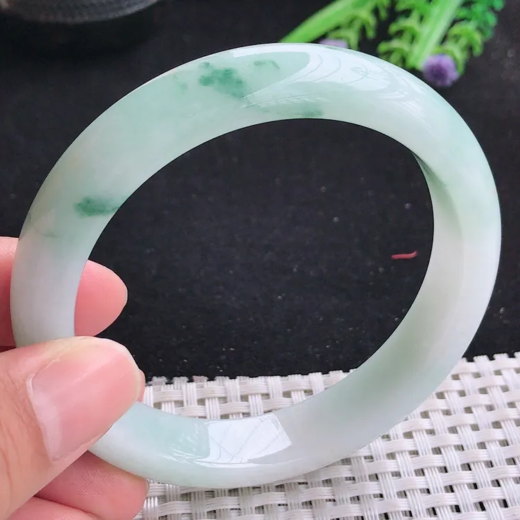 自然光61.5/13.3/8.8老坑冰润水灵飘花大圈口手镯翡翠玉镯美人镯