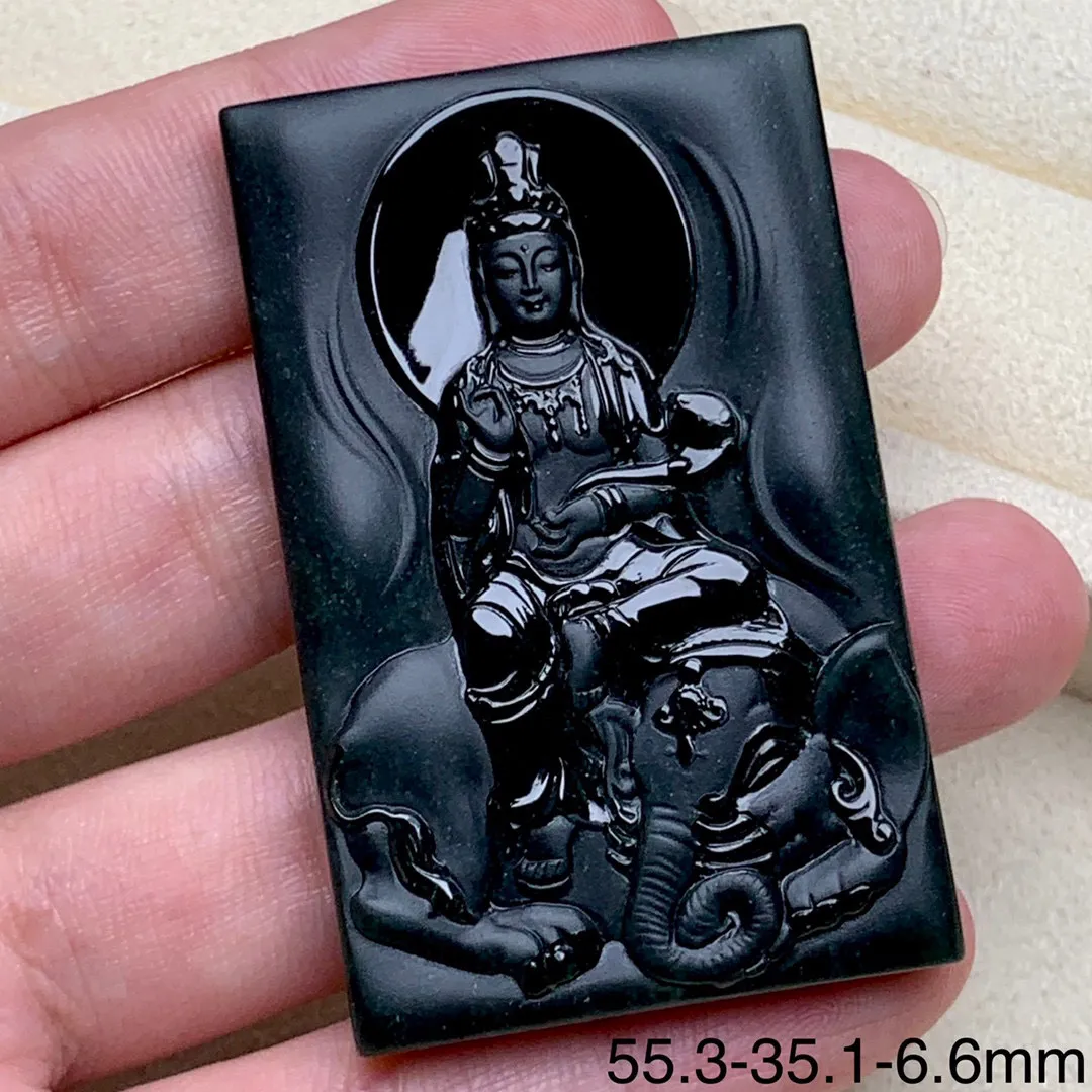 缅甸墨翠普贤观音菩萨挂件，黑度油黑发亮 种老肉质细 胶感好 打灯色阳 冰透十足，可打孔绑绳佩戴或镶嵌