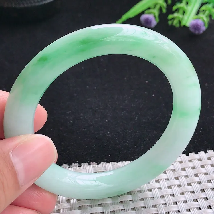 自然光52.7/10/10.2老坑冰润起胶飘阳绿圆条手镯翡翠玉镯美人镯