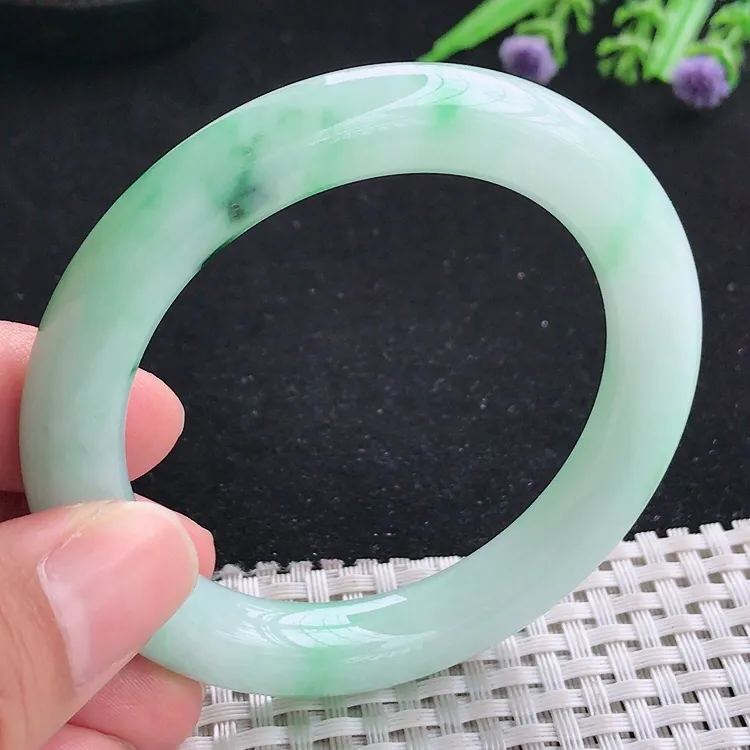 自然光52.7/10/10.2老坑冰润起胶飘阳绿圆条手镯翡翠玉镯美人镯