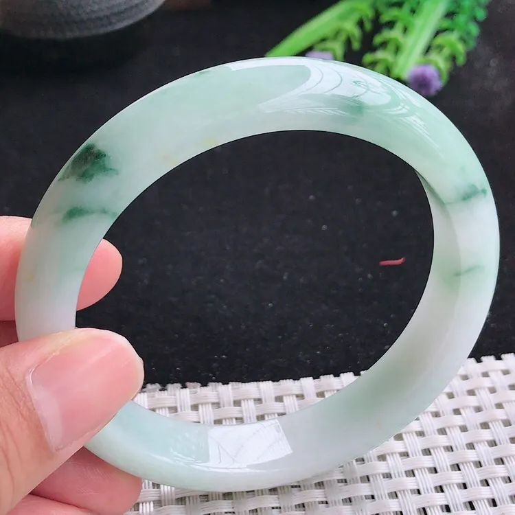 自然光61.5/13.3/8.8老坑冰润水灵飘花大圈口手镯翡翠玉镯美人镯