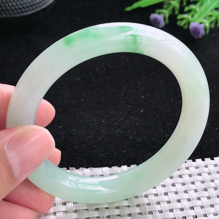 自然光55/10.1/9.8老坑冰润起胶冰晴底飘翠绿圆条手镯翡翠玉镯美人镯