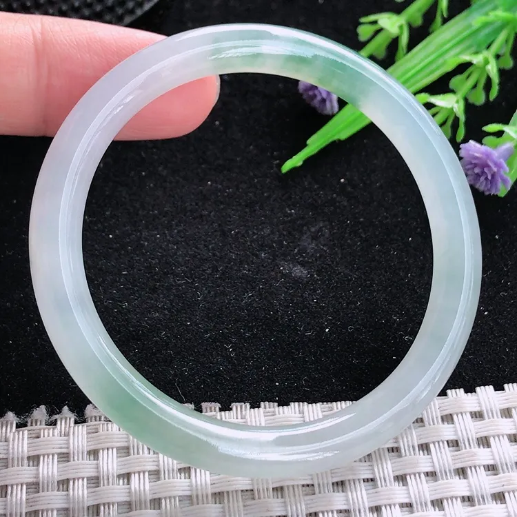 自然光50.5/6.8小圈口老坑冰胶果冻飘花圆条手镯翡翠玉镯美人镯