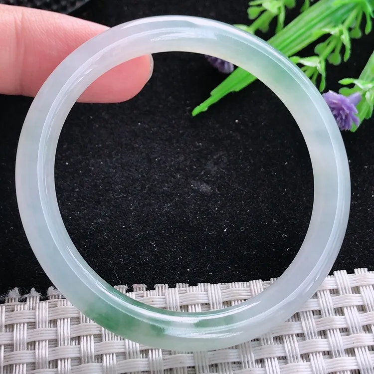 自然光50.5/6.8小圈口老坑冰胶果冻飘花圆条手镯翡翠玉镯美人镯