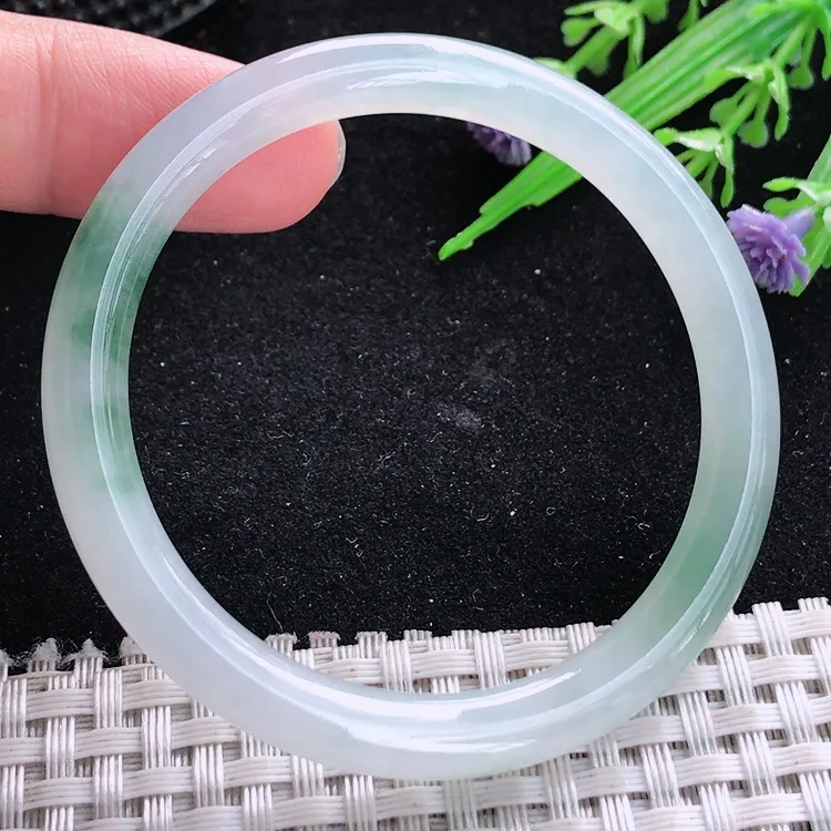 自然光50.5/6.8小圈口老坑冰胶果冻飘花圆条手镯翡翠玉镯美人镯