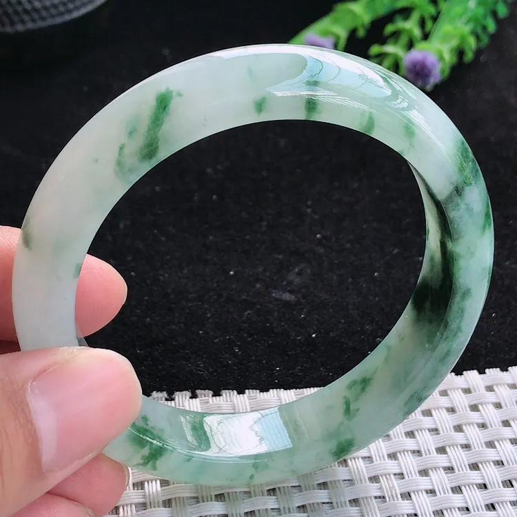 自然光55/12.6/8.2老坑冰润起胶飘花手镯翡翠玉镯美人镯