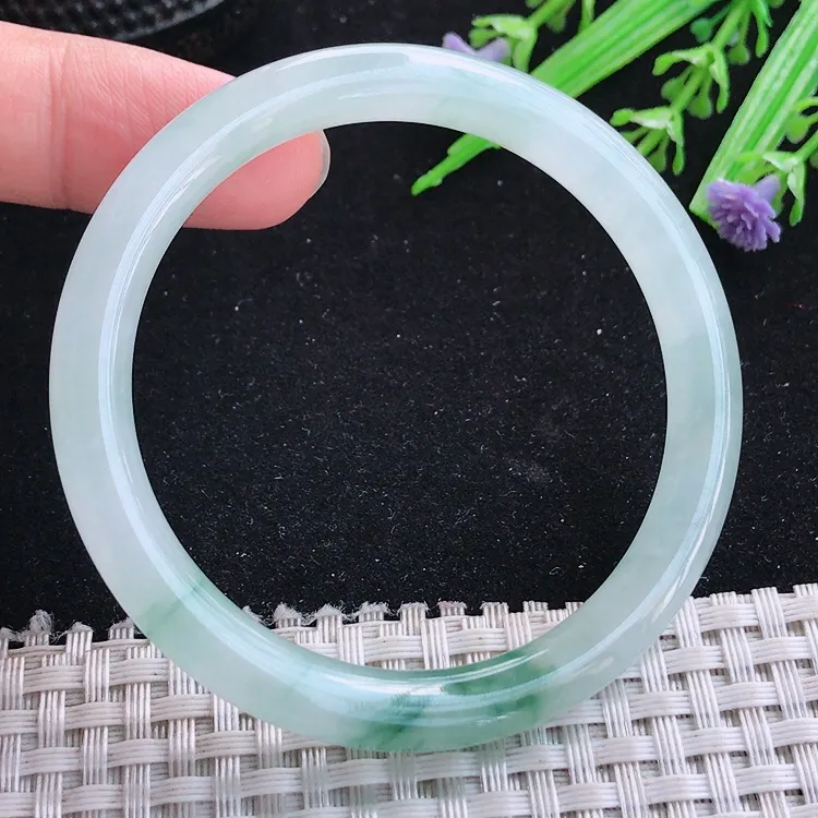 自然光53/7.4老坑冰胶水灵飘花细条圆条手镯翡翠玉镯美人镯