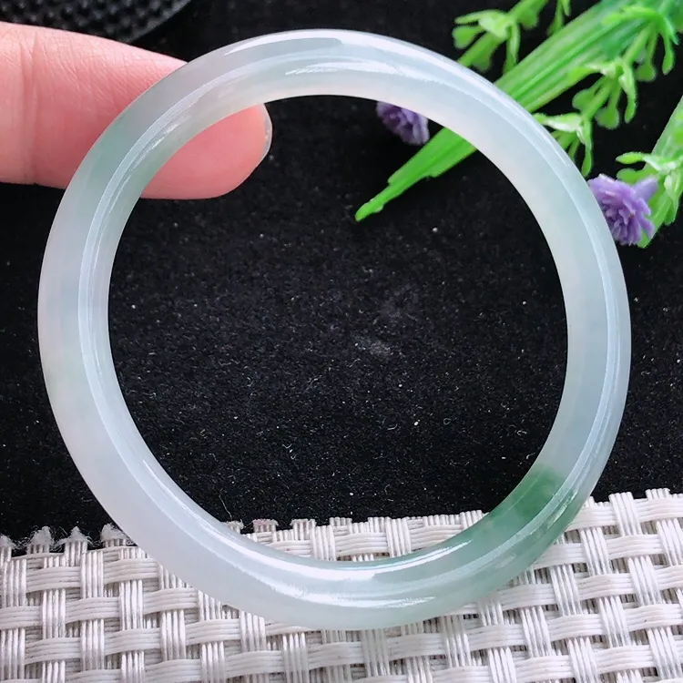 自然光50.5/6.8小圈口老坑冰胶果冻飘花圆条手镯翡翠玉镯美人镯