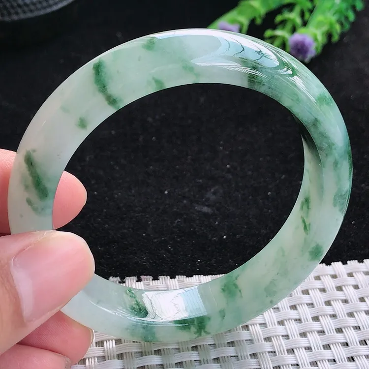 自然光55/12.6/8.2老坑冰润起胶飘花手镯翡翠玉镯美人镯