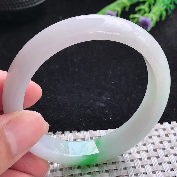 自然光56/12.5/8老坑冰润水灵白底青飘阳绿手镯翡翠玉镯美人镯