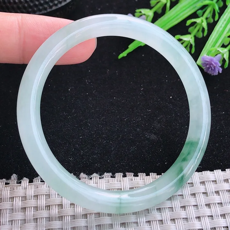 自然光53/7.4老坑冰胶水灵飘花细条圆条手镯翡翠玉镯美人镯