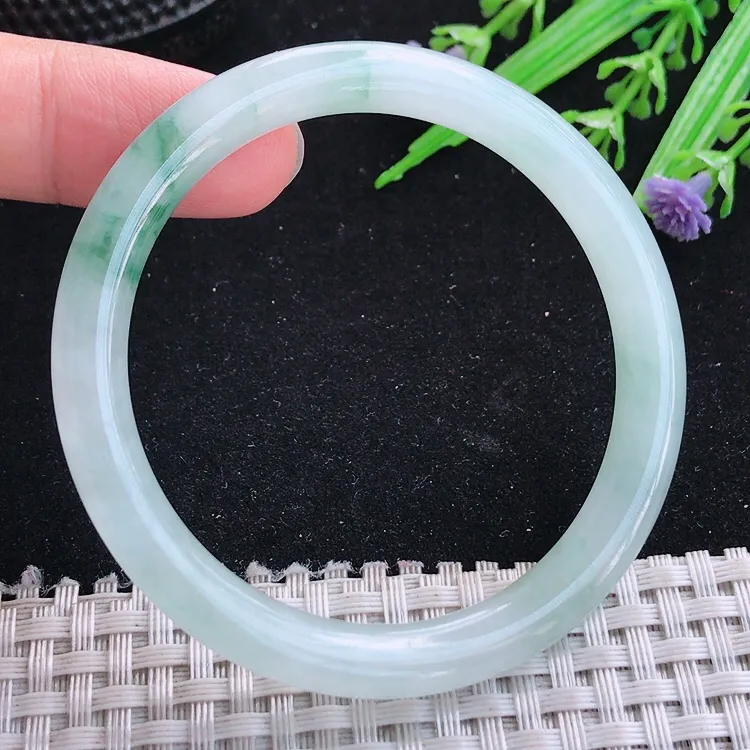 自然光53/7.4老坑冰胶水灵飘花细条圆条手镯翡翠玉镯美人镯