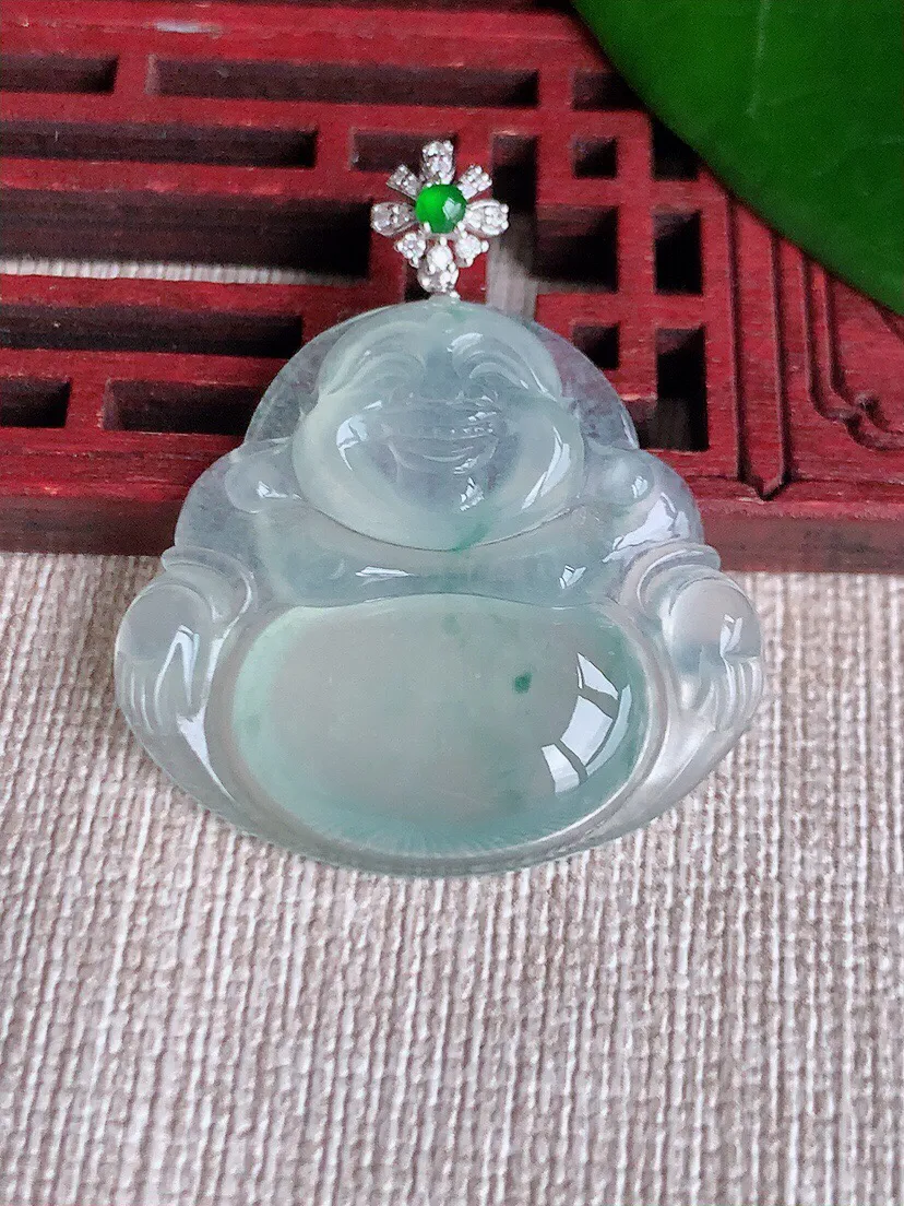 a货翡翠老坑冰种18K金伴钻镶嵌飘花佛公吊坠 尺寸36×28.5×31.5×5.5mm 重量8.07