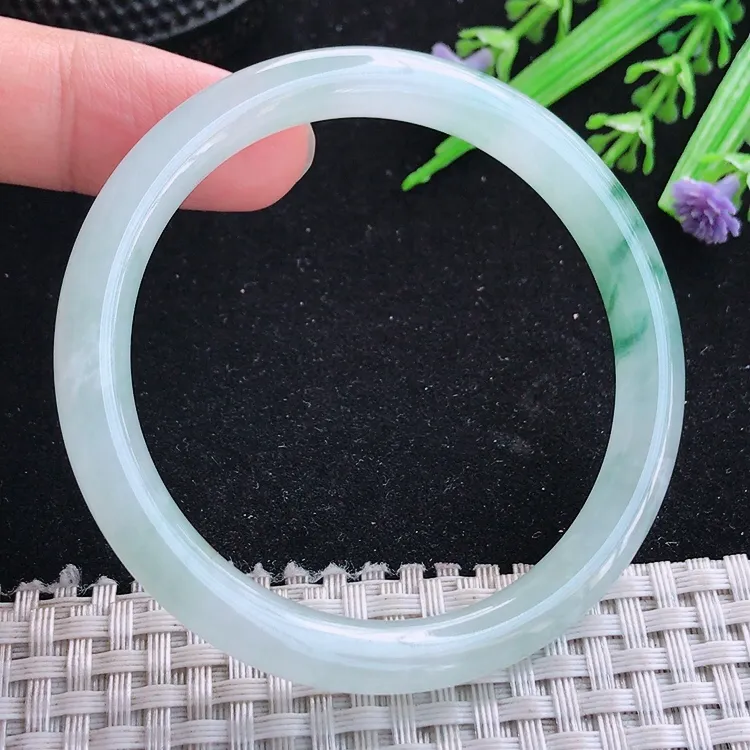 自然光53/7.4老坑冰胶水灵飘花细条圆条手镯翡翠玉镯美人镯