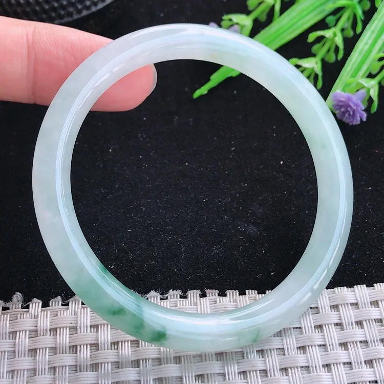 自然光53/7.4老坑冰胶水灵飘花细条圆条手镯翡翠玉镯美人镯