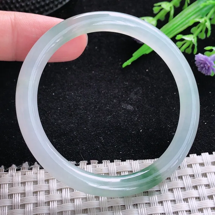 自然光50.5/6.8小圈口老坑冰胶果冻飘花圆条手镯翡翠玉镯美人镯