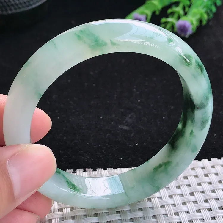 自然光55/12.6/8.2老坑冰润起胶飘花手镯翡翠玉镯美人镯