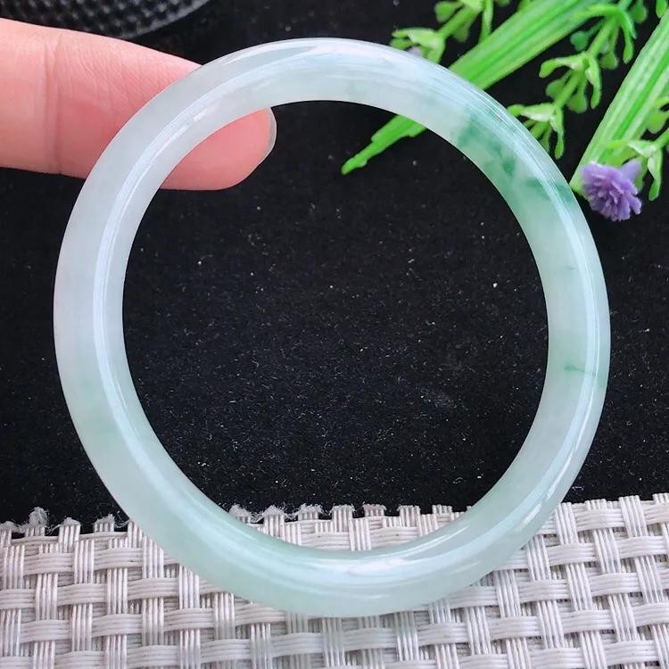 自然光53/7.4老坑冰胶水灵飘花细条圆条手镯翡翠玉镯美人镯