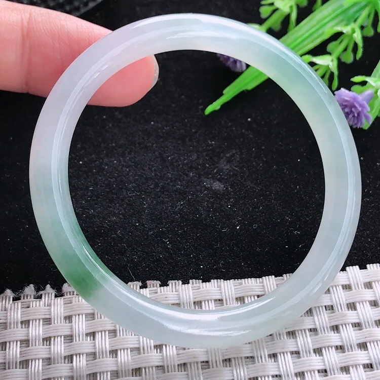 自然光50.5/6.8小圈口老坑冰胶果冻飘花圆条手镯翡翠玉镯美人镯