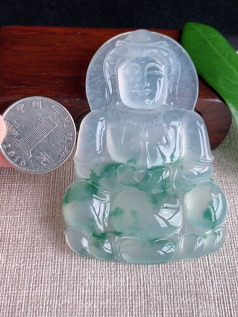 a货翡翠老坑高冰种飘花大正装观音吊坠 尺寸76.3×51×7.5mm 重量48.67g 0701