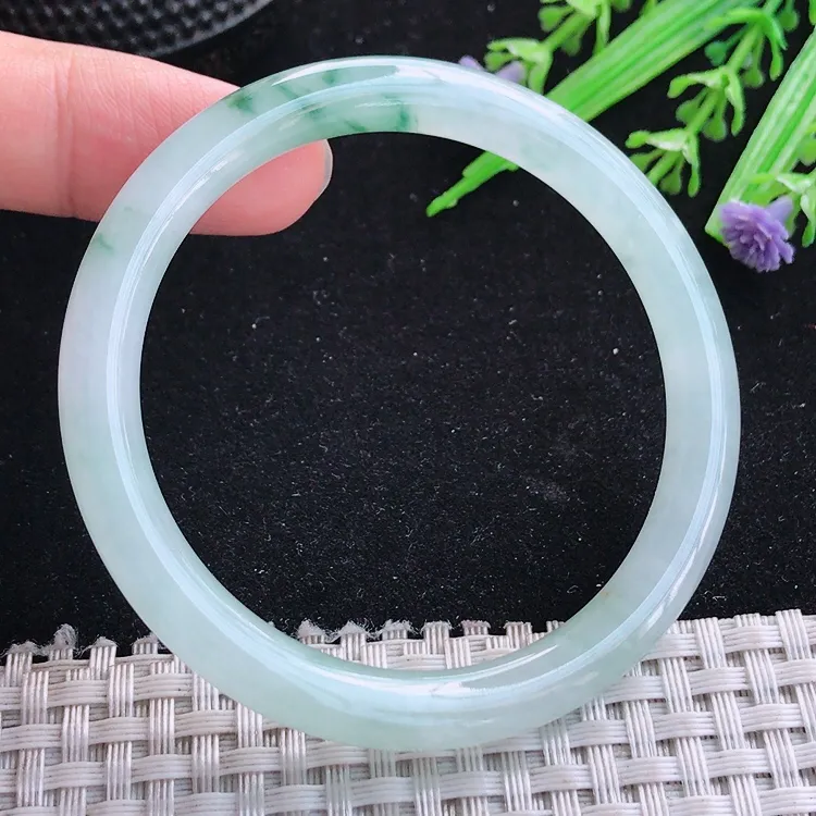 自然光53/7.4老坑冰胶水灵飘花细条圆条手镯翡翠玉镯美人镯