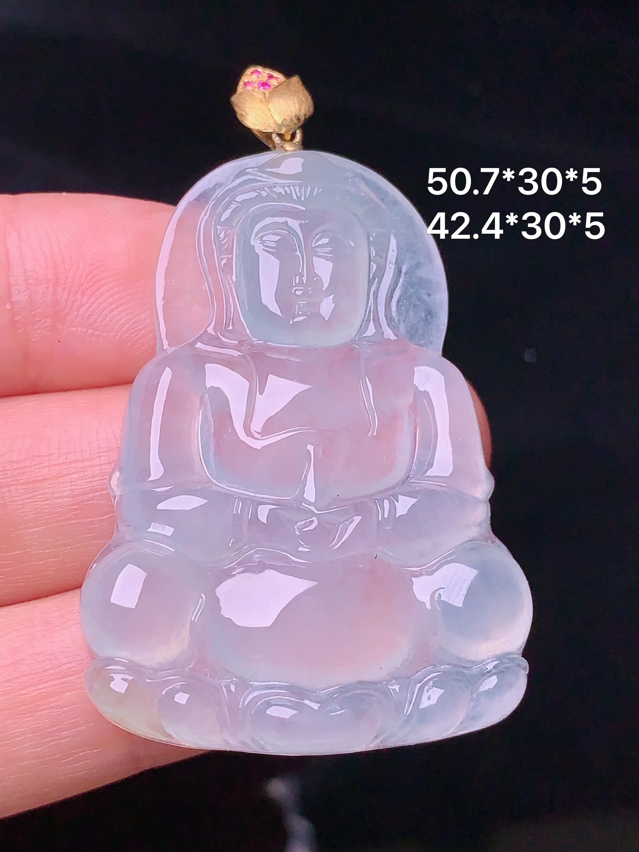 18k金钻镶嵌冰种观音吊坠 玉质细腻 色泽艳丽 整体尺寸50.7*30*5