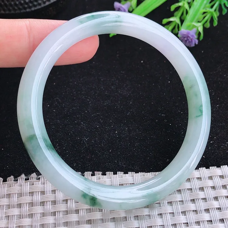自然光55/8.1/8.2老坑冰胶水灵飘花圆条手镯翡翠玉镯收藏美人镯