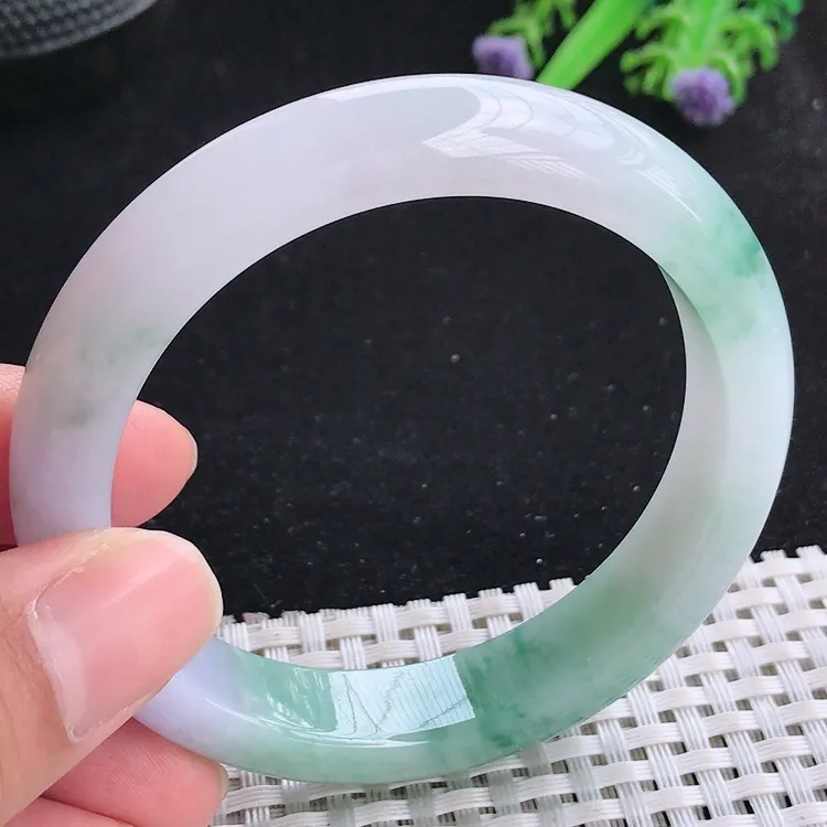 自然光56.8/12.3/8.6老坑冰润起胶春带彩飘花手镯翡翠玉镯收藏美人镯