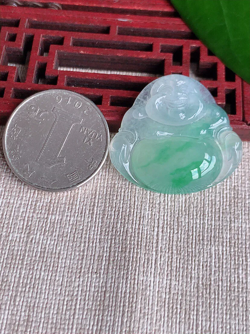 a货翡翠老坑冰种飘绿一刀切佛公吊坠 尺寸28.6×31×6mm 重量9.07g 0702