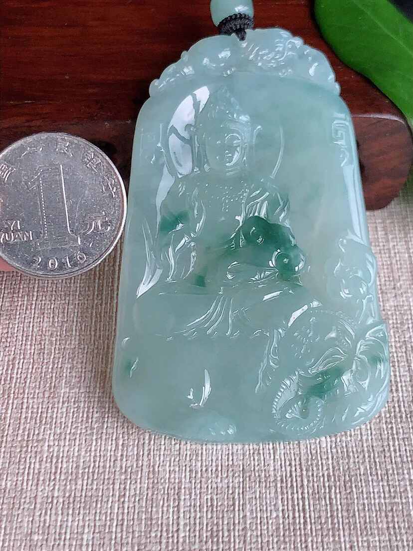 a货翡翠老坑冰种飘花普贤菩萨吊坠 尺寸72.6×45.3×5.4mm 重量44.53g 0702