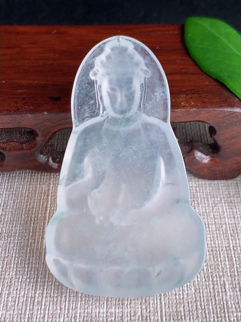 a货翡翠老坑玻璃种冰飘花一刀切素衣观音吊坠 尺寸60×35.5×5.4mm 重量22.32g 070