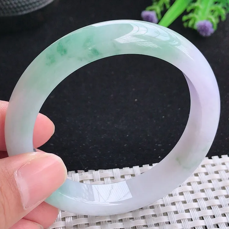 自然光56.8/12.3/8.6老坑冰润起胶春带彩飘花手镯翡翠玉镯收藏美人镯
