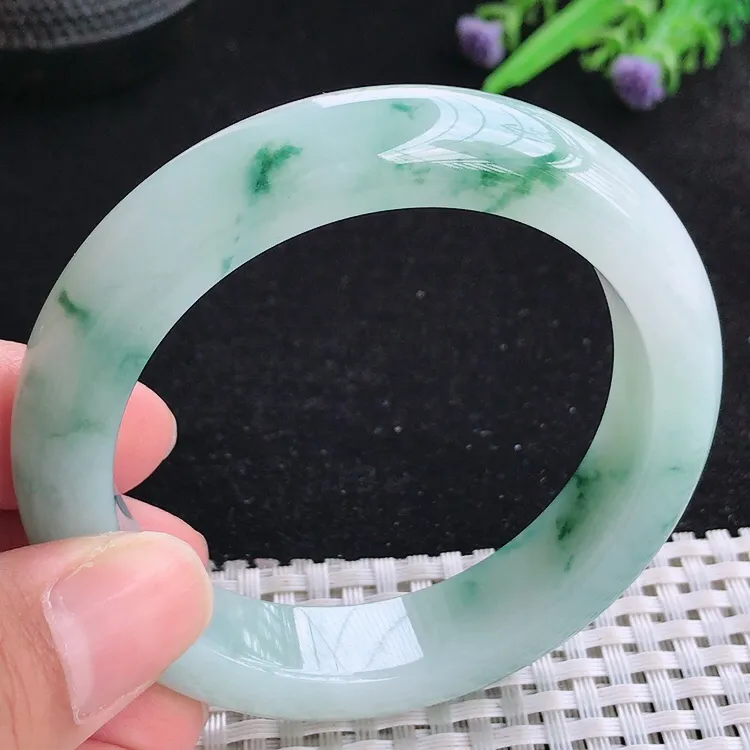 自然光54/13/9.2老坑冰润起胶飘花手镯翡翠玉镯收藏美人镯