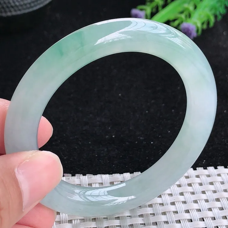 自然光52/9.8/10老坑冰胶果冻胶冰飘花圆条手镯翡翠玉镯收藏小圈口美人镯