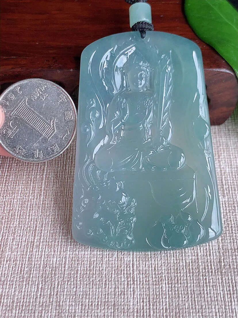 a货翡翠老坑冰种晴水文殊菩萨吊坠 尺寸66×41.7×5mm 重量37.12g 0702
