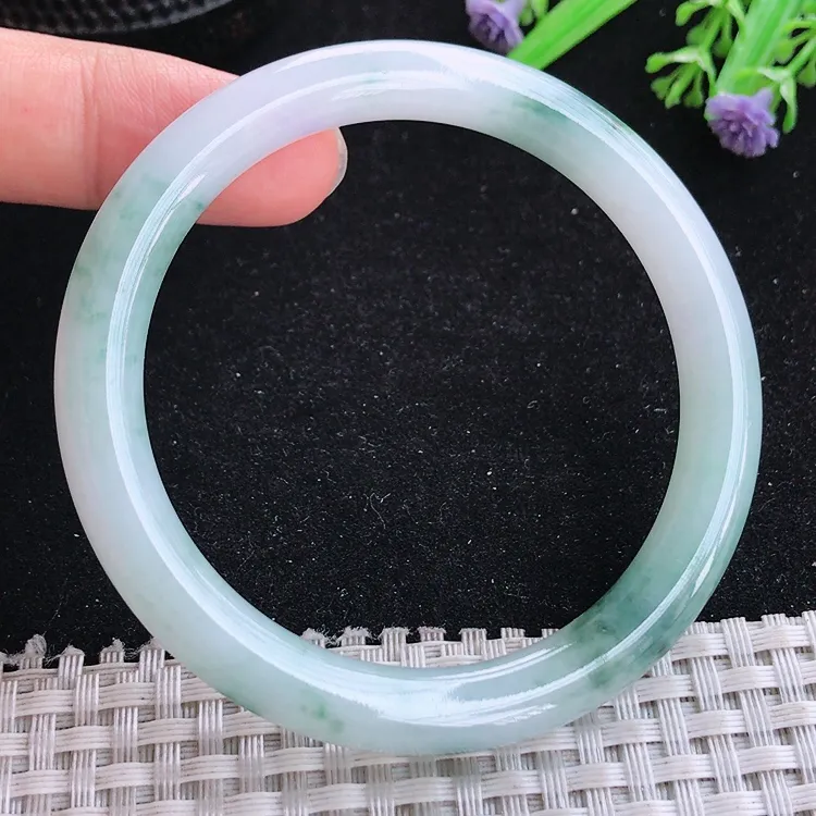 自然光55/8.1/8.2老坑冰胶水灵飘花圆条手镯翡翠玉镯收藏美人镯