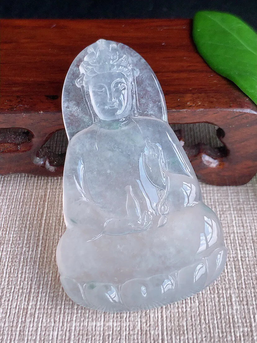 a货翡翠老坑玻璃种冰飘花一刀切素衣观音吊坠 尺寸60×35.5×5.4mm 重量22.32g 0702