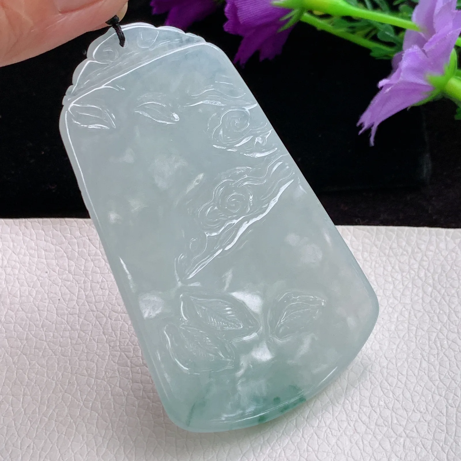 kh实拍67.3*40*6天然翡翠精雕冰润飘花生肖守护神普贤菩萨玉吊坠