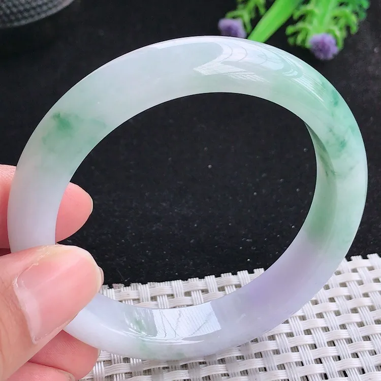 自然光56.8/12.3/8.6老坑冰润起胶春带彩飘花手镯翡翠玉镯收藏美人镯