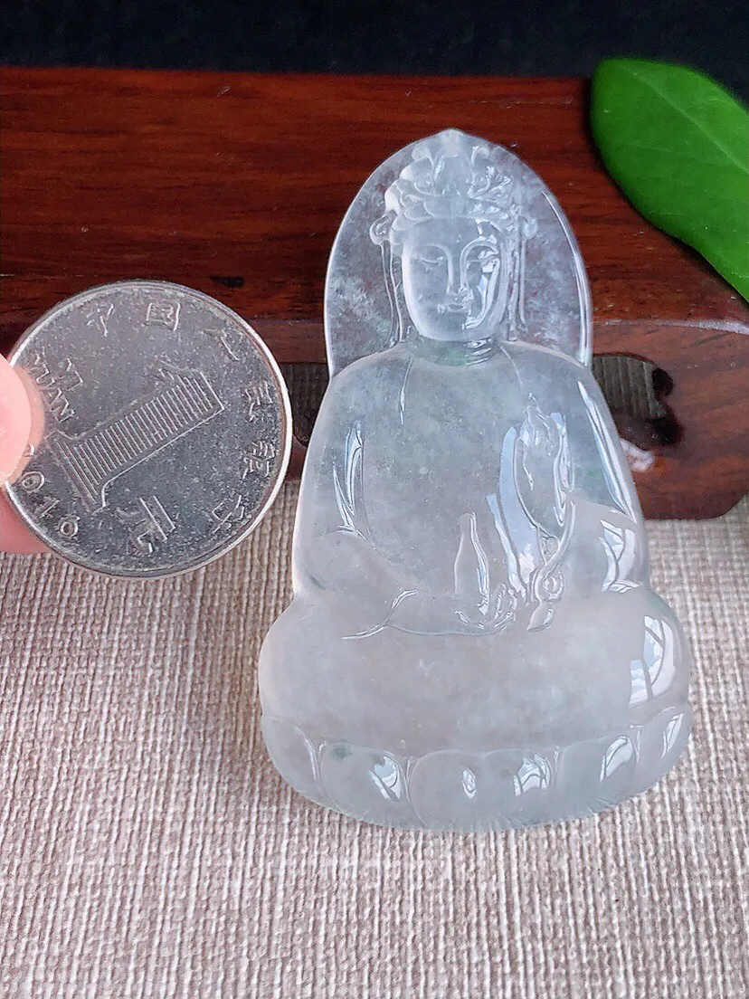 a货翡翠老坑玻璃种冰飘花一刀切素衣观音吊坠 尺寸60×35.5×5.4mm 重量22.32g 0702