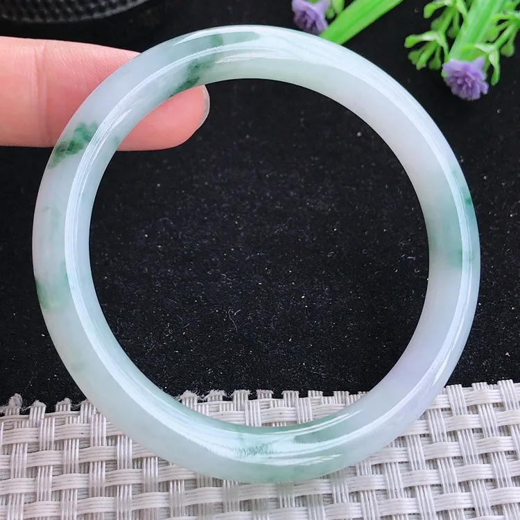 自然光55/8.1/8.2老坑冰胶水灵飘花圆条手镯翡翠玉镯收藏美人镯